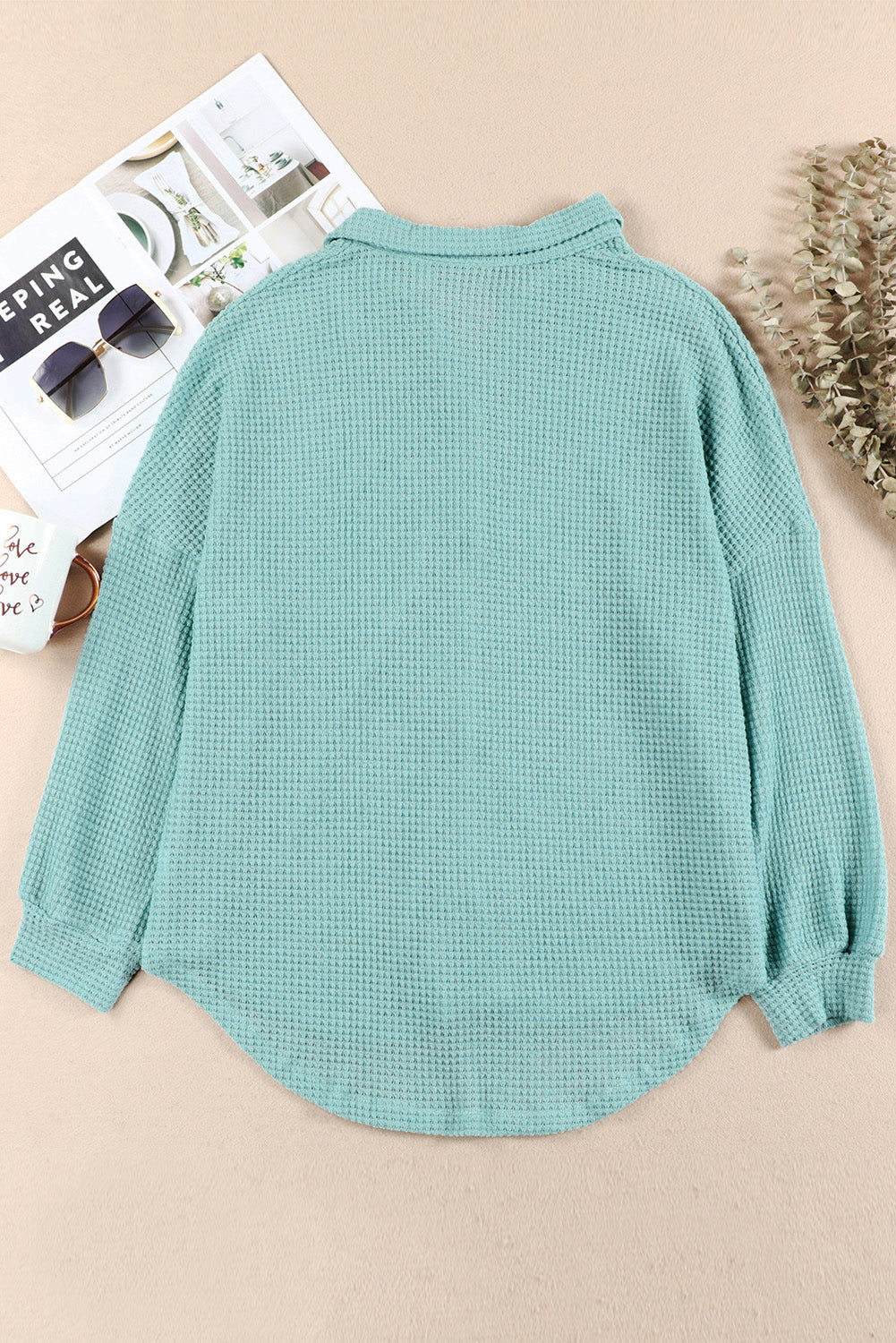 Hazel Blues® |  Waffle-Knit Collared Neck Long Sleeve Shirt