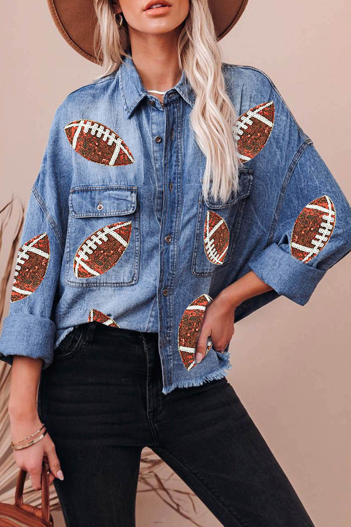 Hazel Blues® |  Raw Hem Sequin Football Long Sleeve Denim Jacket