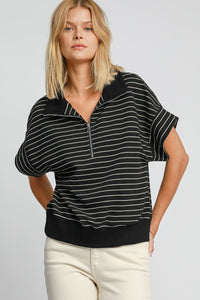 Hazel Blues® |  Umgee Striped Half Zip Short Sleeve Sweatshirt