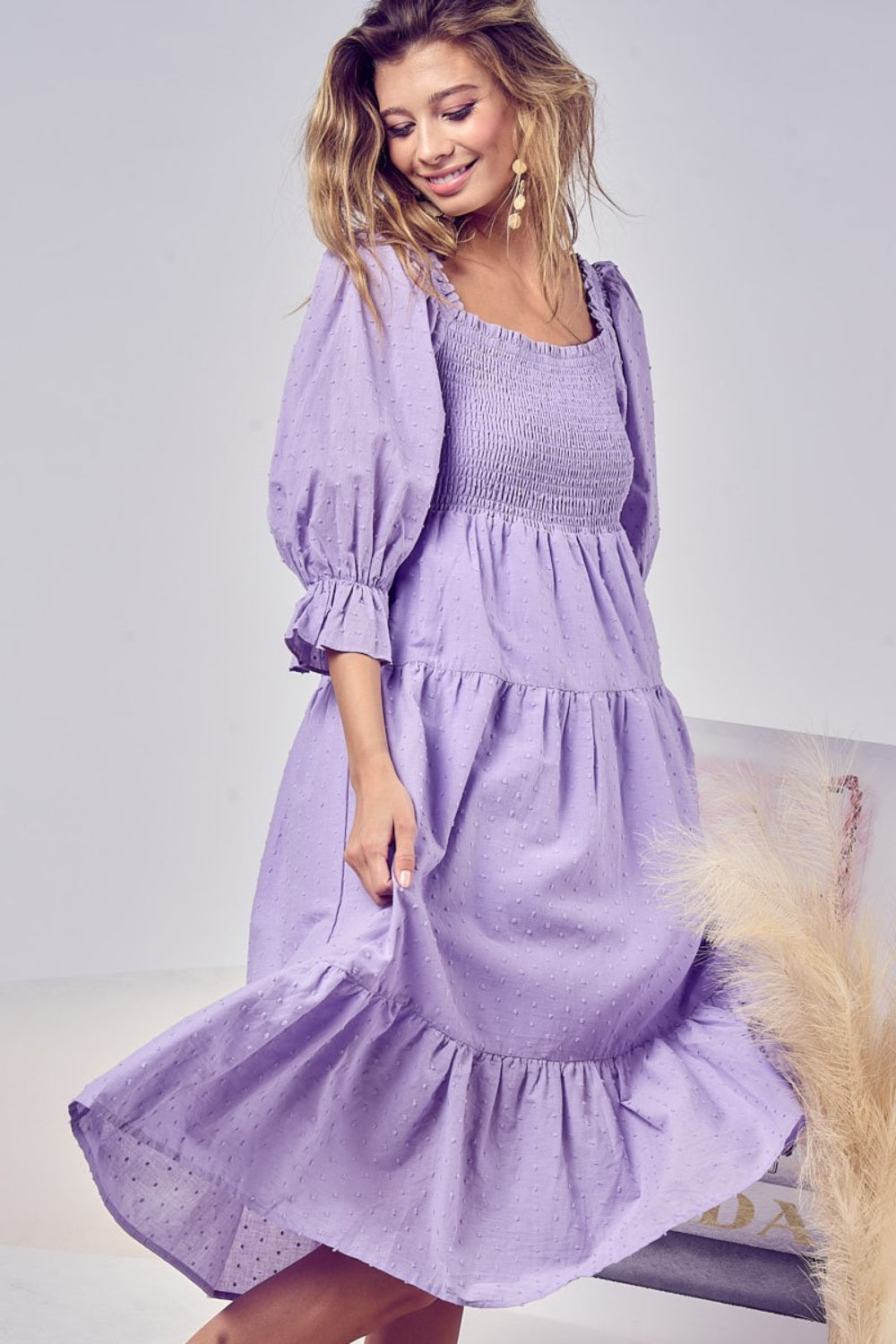 Hazel Blues® |  BiBi Swiss Dot Flounce Sleeve Smocked Tiered Midi Dress