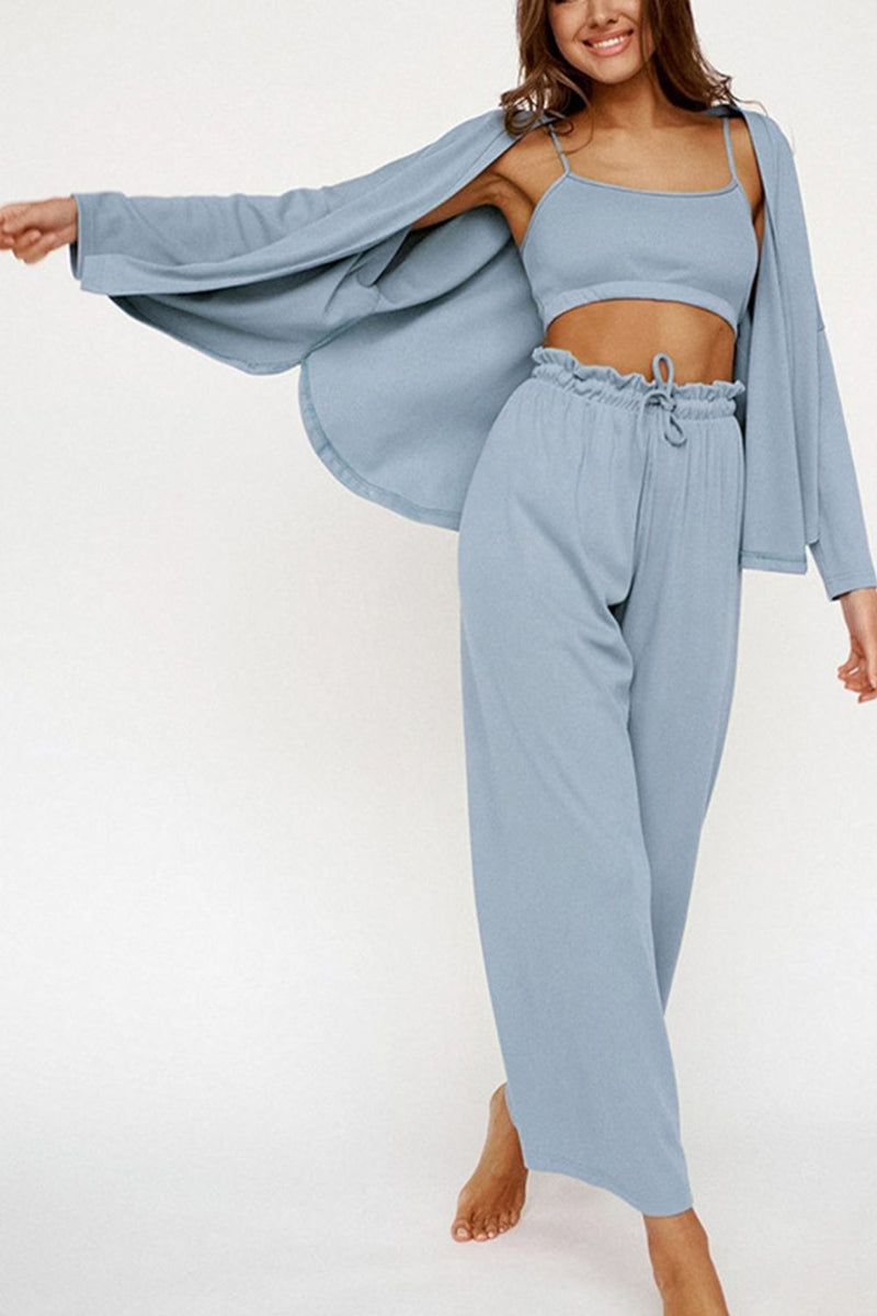 Hazel Blues® |  Spaghetti Strap Bra, Open Front Cardigan and Drawstring Pants Set