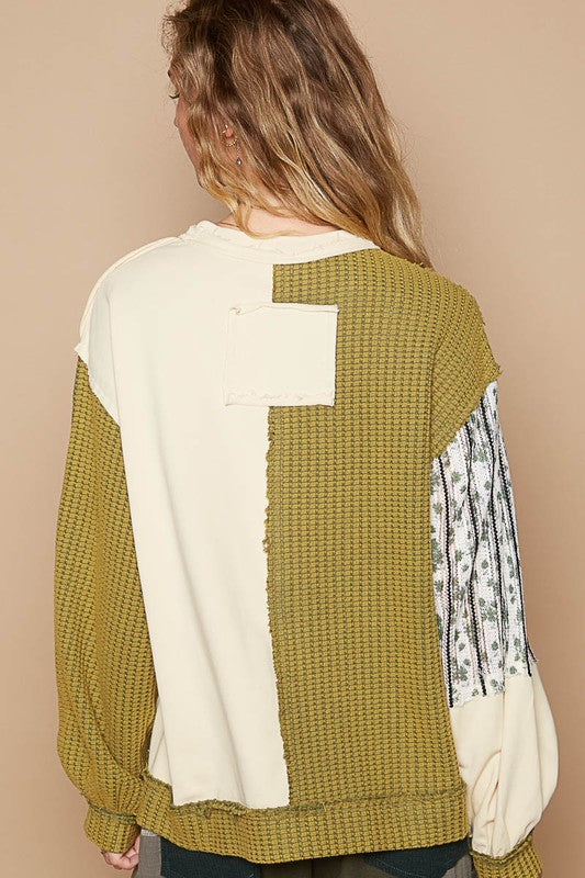 Hazel Blues® |  POL Exposed Seam Floral Patch Color Block Round Neck Sweatshirt