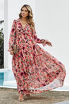 Hazel Blues® |  Floral Frill Trim Flounce Sleeve Plunge Maxi Dress