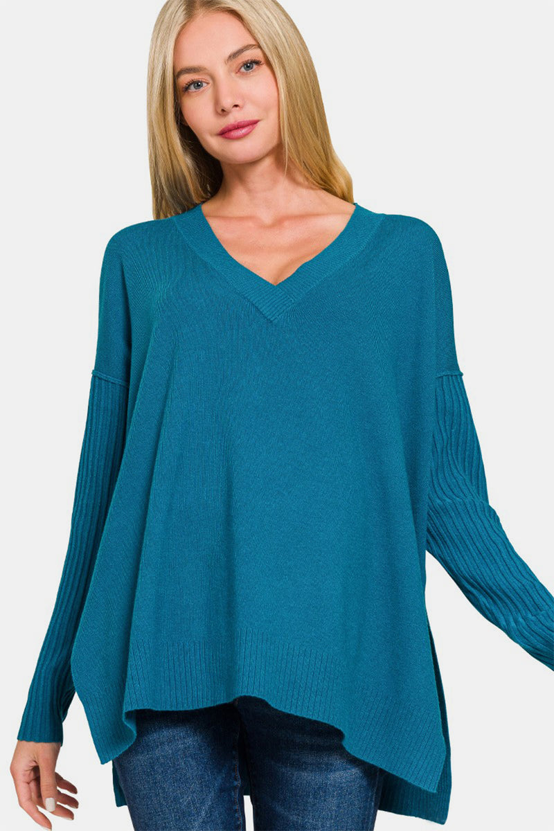 Hazel Blues® |  Zenana V-Neck Side Slit High-Low Sweater