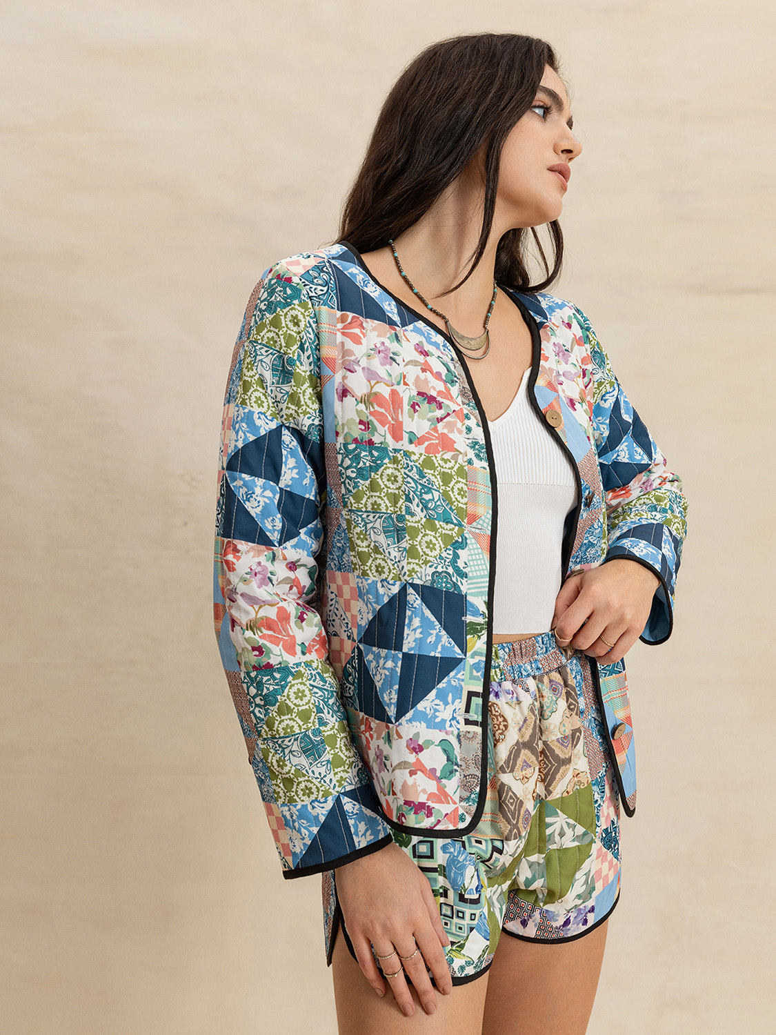 Hazel Blues® |  Printed Button Up Long Sleeve Outerwear and Shorts Set