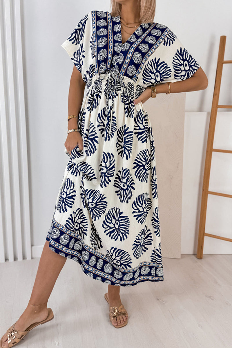 Blue Boho Floral-Print Contrast Patchwork V-Neck Dolman Maxi Dress – Hazel Blues®