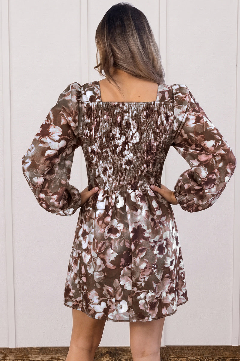 long sleeve shift dress mini Brown Abstract Floral-Print Square-Neck Long-Sleeve City Hall Wedding | F20 Low Iron If Needed Select Pant Waist Size:34