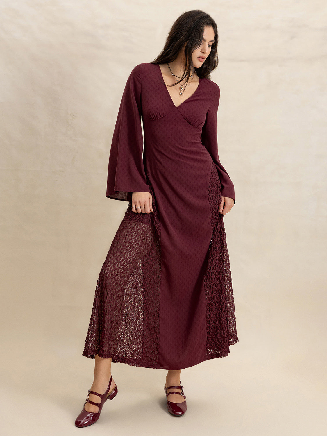 Hazel Blues® |  Lace Patchwork V-Neck Long Sleeve Midi Dress