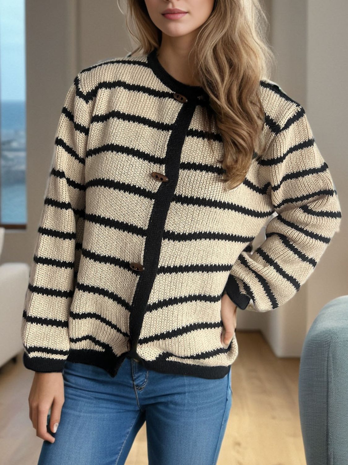 Hazel Blues® |  Striped Round Neck Long Sleeve Cardigan