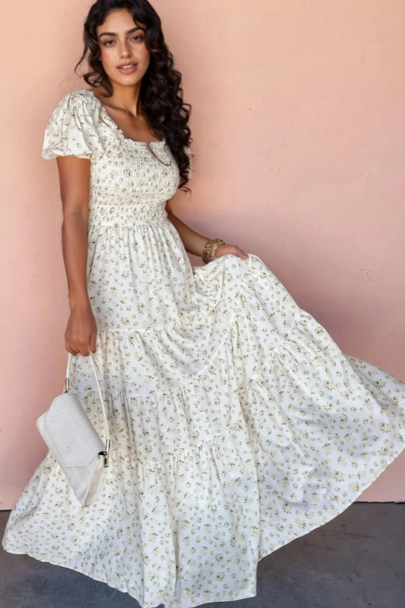 Wholesale MOQ6 Floral Smocked Short Puff Sleeve Maxi Dress Wholesale MOQ6 Floral Smocked Short Puff Sleeve Maxi Dress