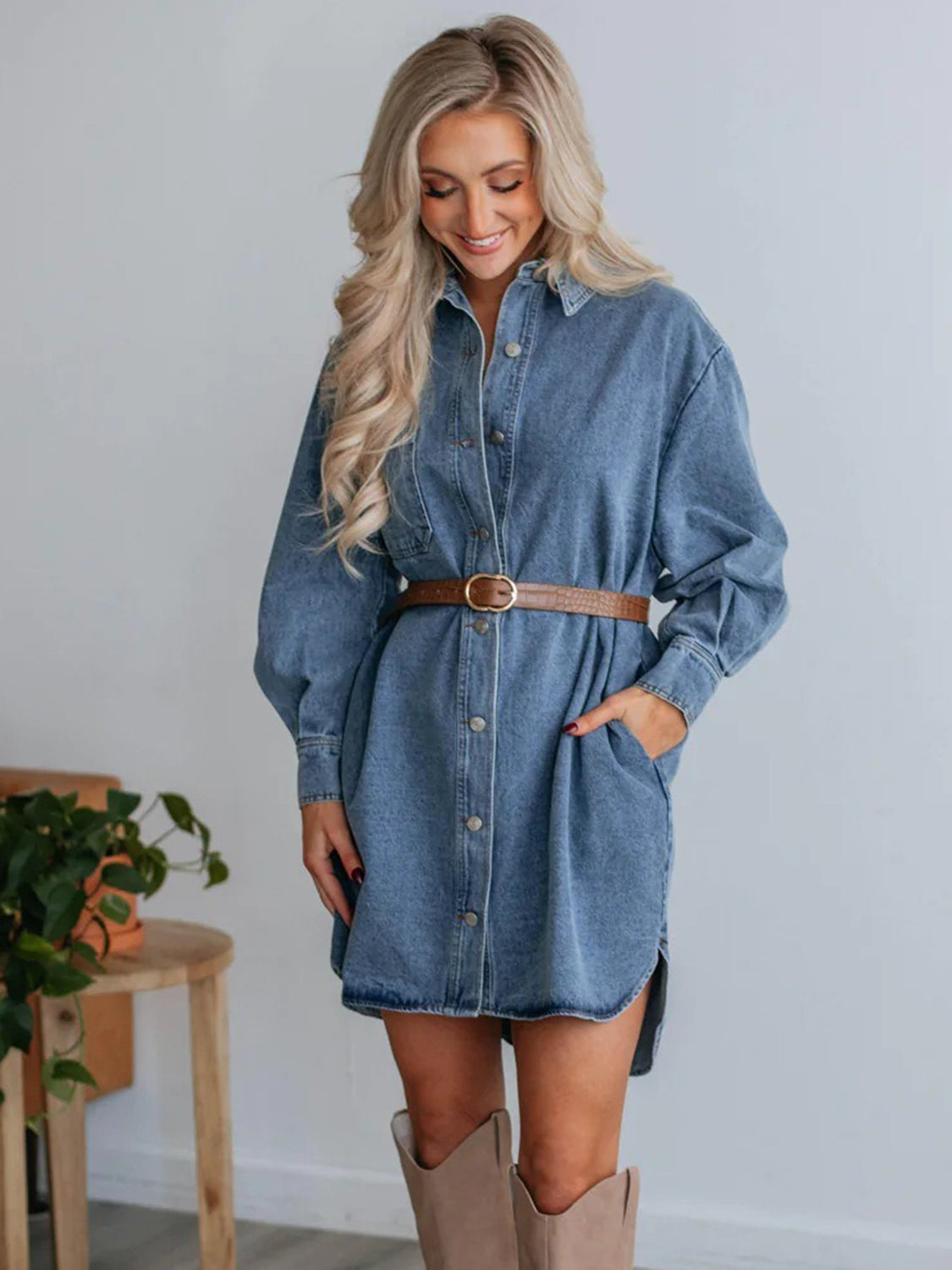 Hazel Blues® Button Up Collared Neck Long Sleeve Denim Dress