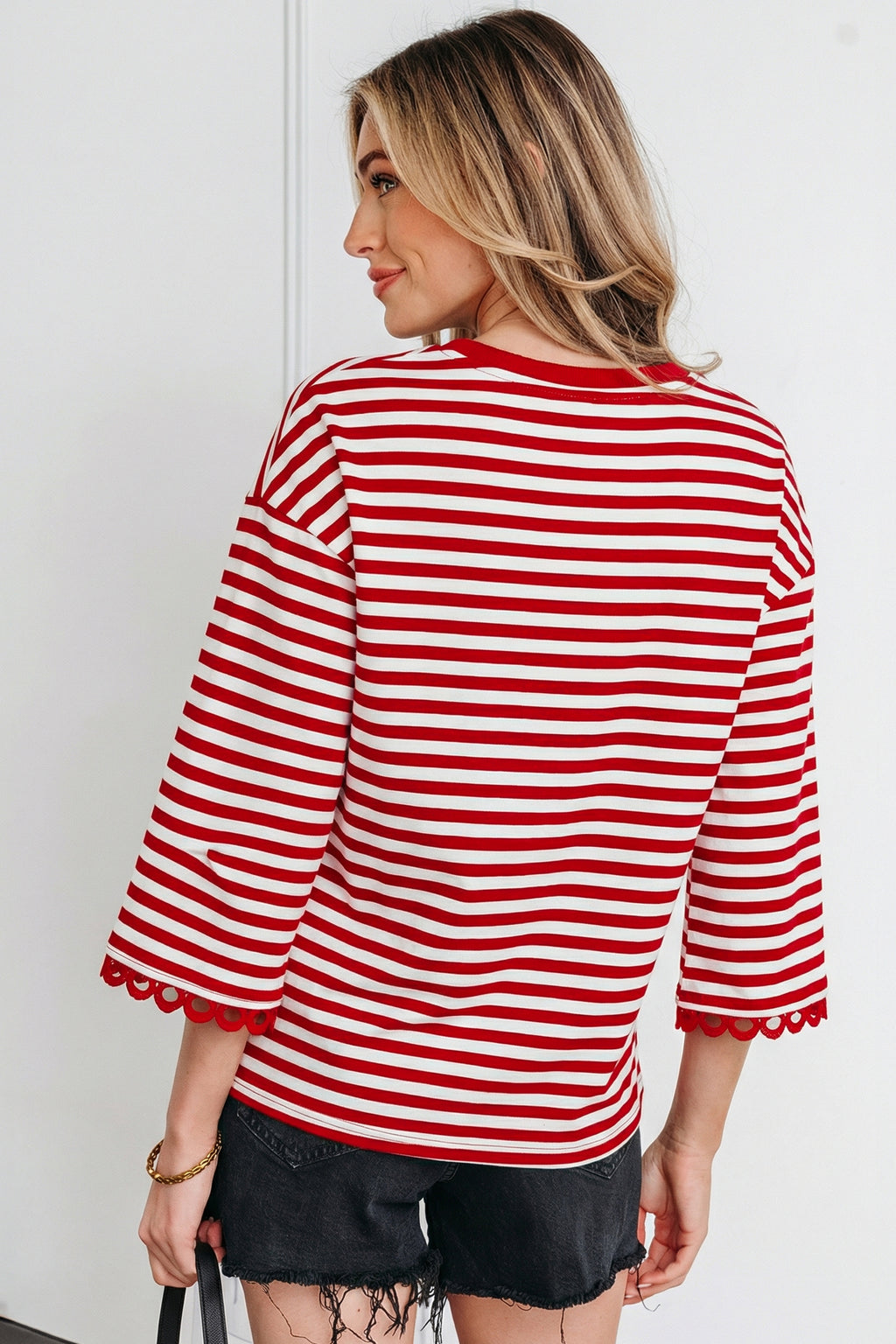 Racing Red Striped Print Drop Shoulder Lace Trim Bracelet Sleeve Loose Top