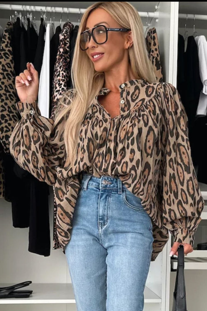 Hazel Blues® |  Leopard Notched Long Sleeve Blouse