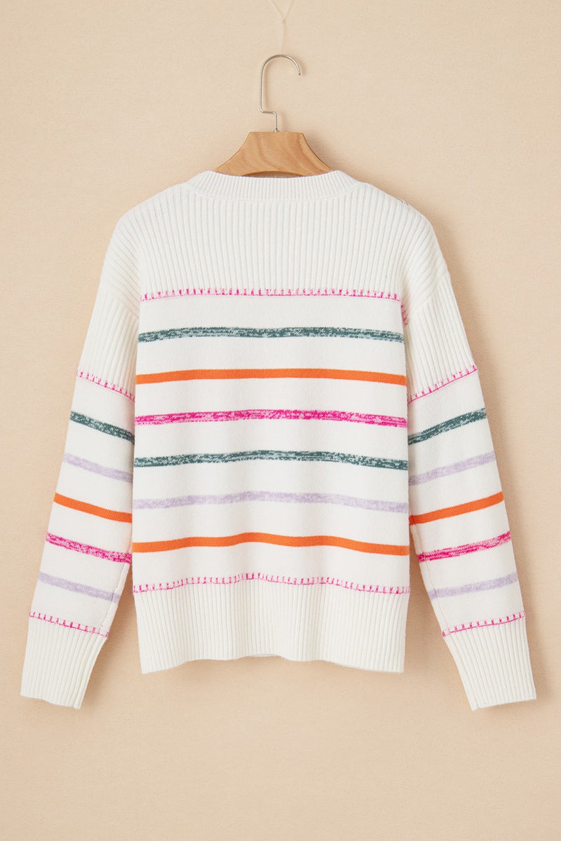 Hazel Blues® |  Striped Round Neck Dropped Shoulder Sweater