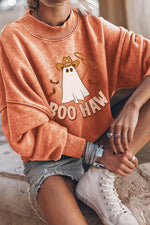 Hazel Blues® |  Orange BOO HAW Ghost Halloween Print Drop Sleeve Sweatshirt