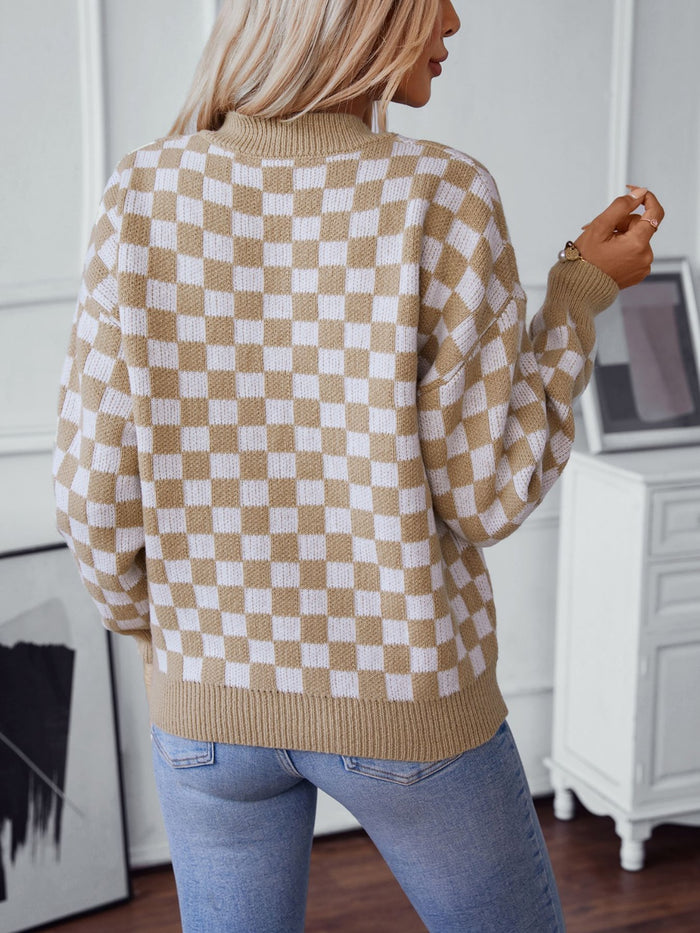 Hazel Blues® |  Checkered V-Neck Dropped Shoulder Sweater