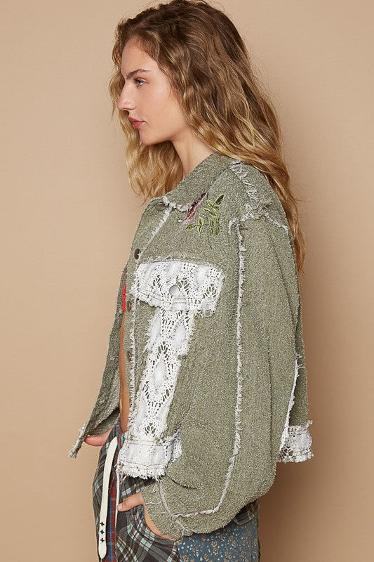 Hazel Blues® |  POL Crochet Patch Embroidered Button Up Jacket