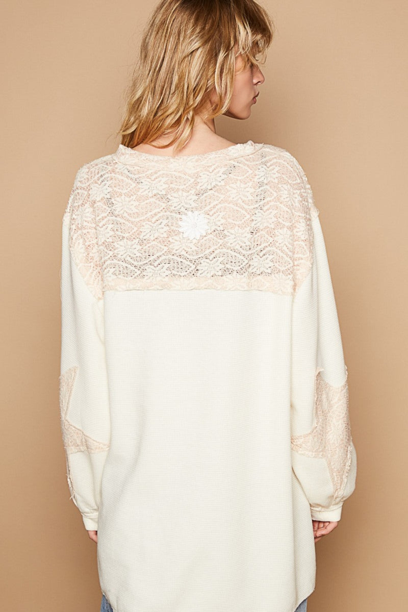 Hazel Blues® |  POL Round Neck Long Sleeve Crochet Patches Top