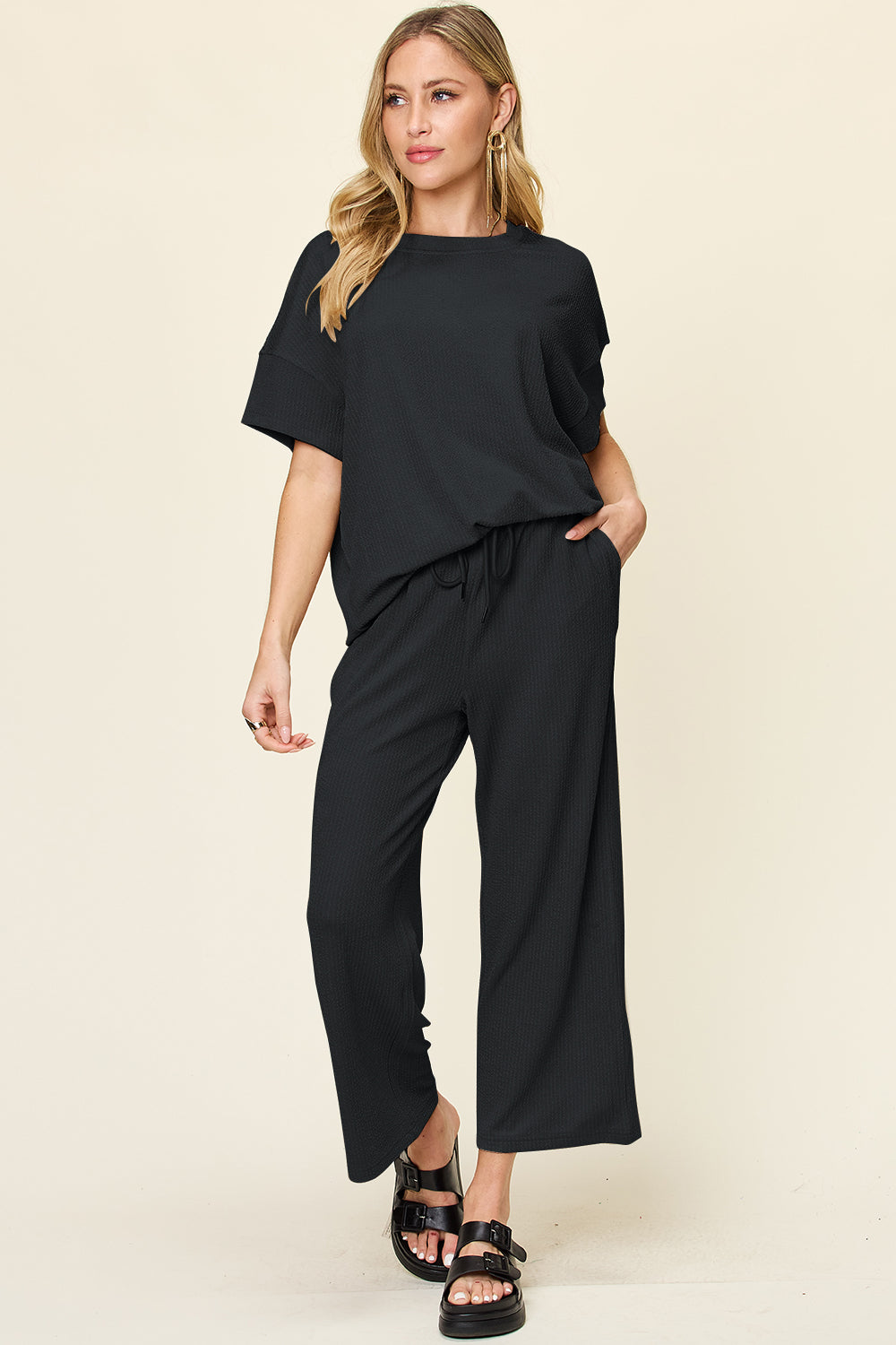 Hazel Blues® |  Double Take Texture Round Neck Short Sleeve T-Shirt and Wide Leg Pants