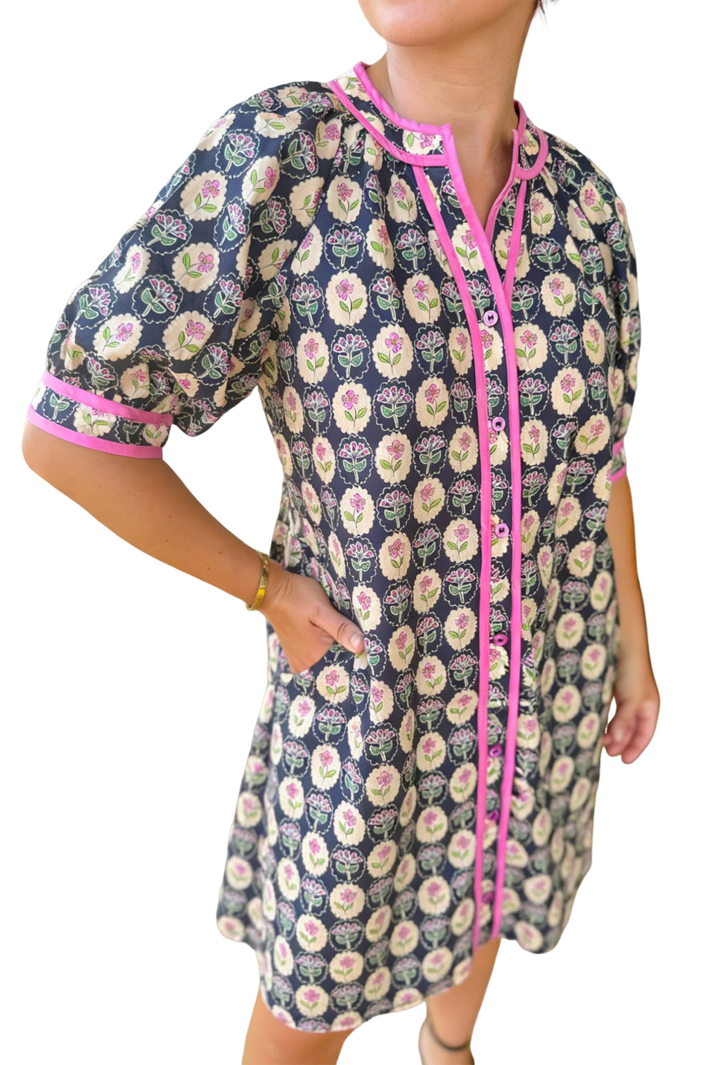 Blue Striped Trim Short-Sleeve Vintage Floral Shift Dress