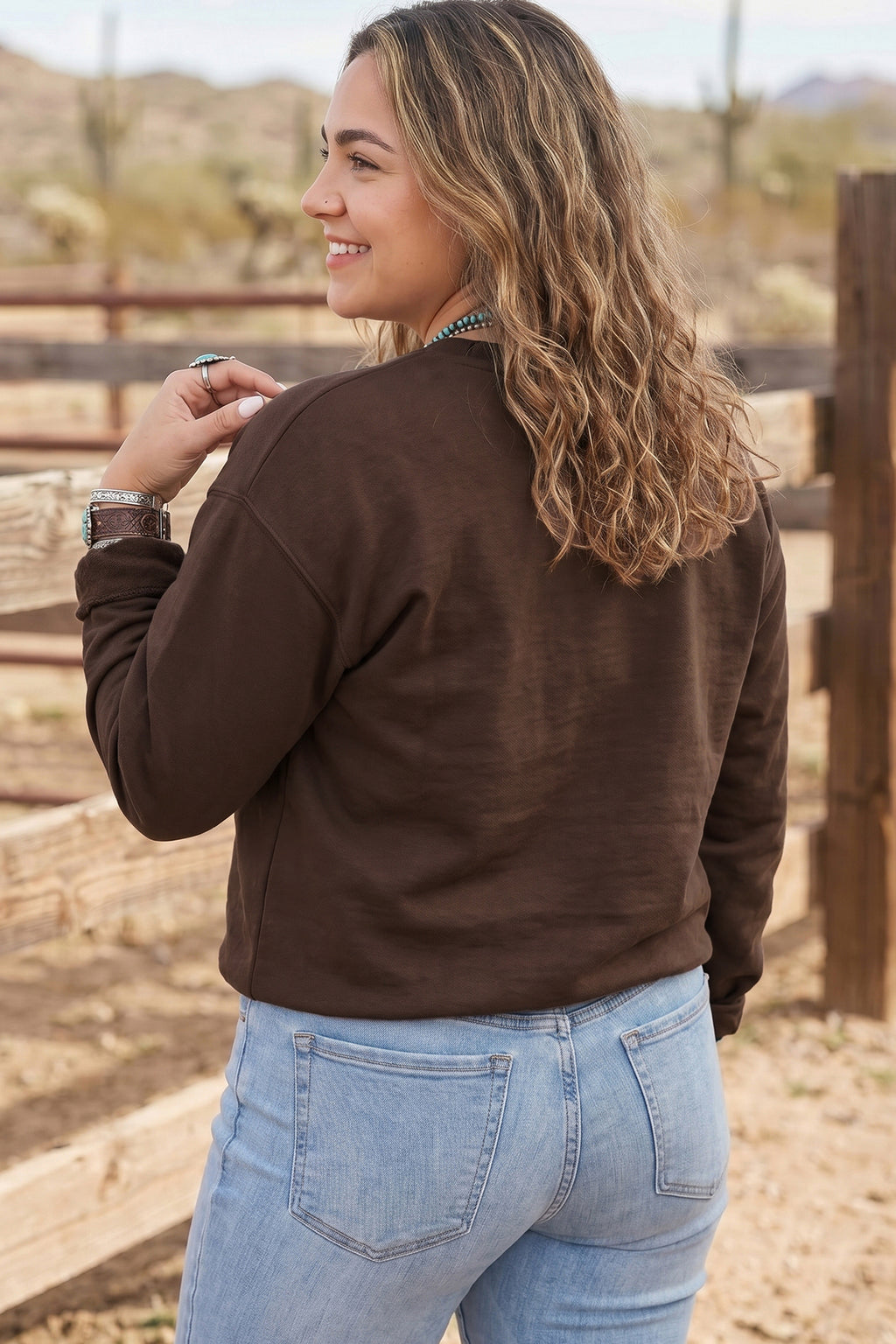 Coffee PRAY Letter Patchwork Round-Neck Long-Sleeve Sweatshirt