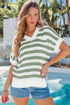 Hazel Blues® |  Green Stripe V Neck Short Sleeve Sweater with Side Slits