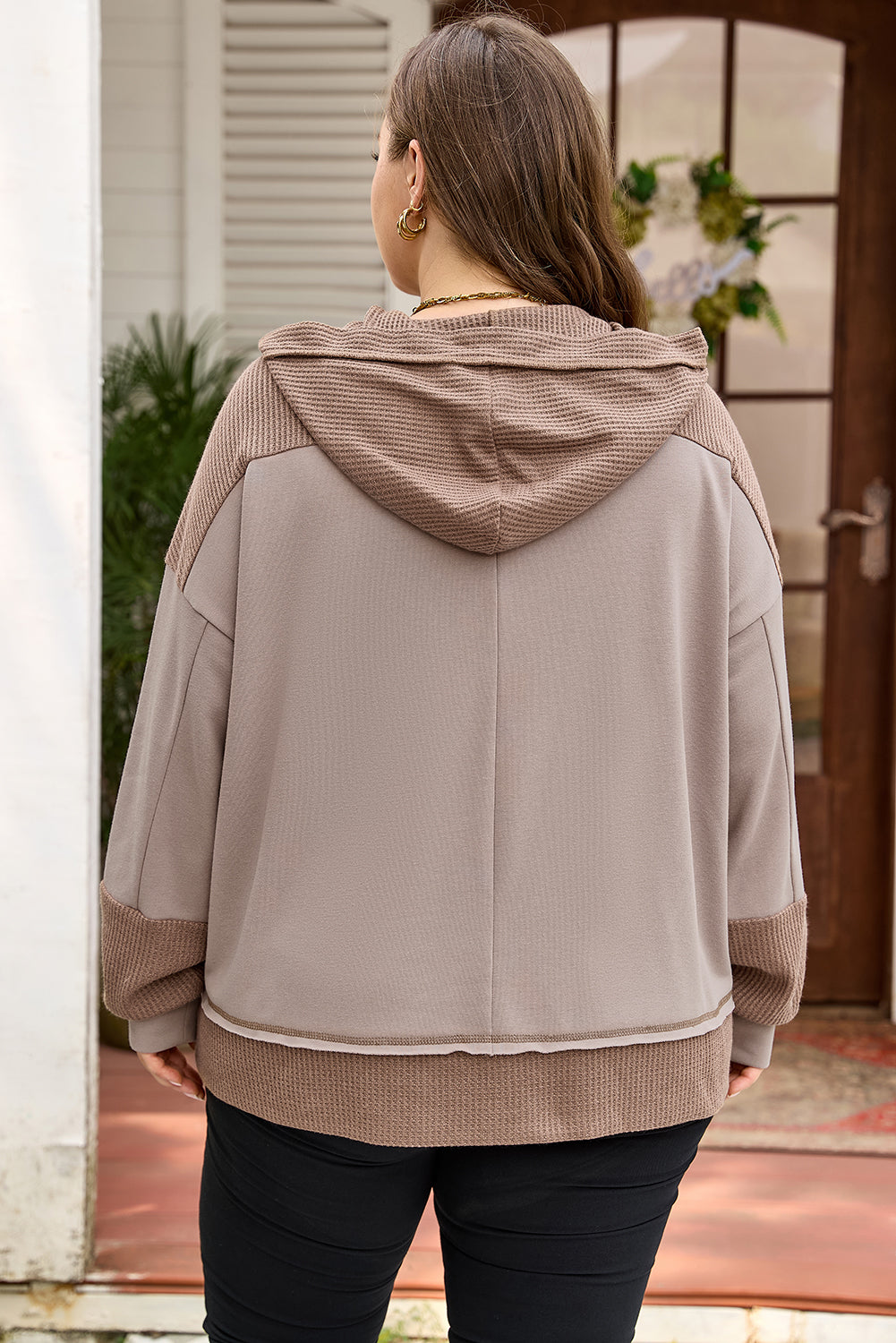 Goat Waffle Contrast Patchwork Pocketed Hoodie