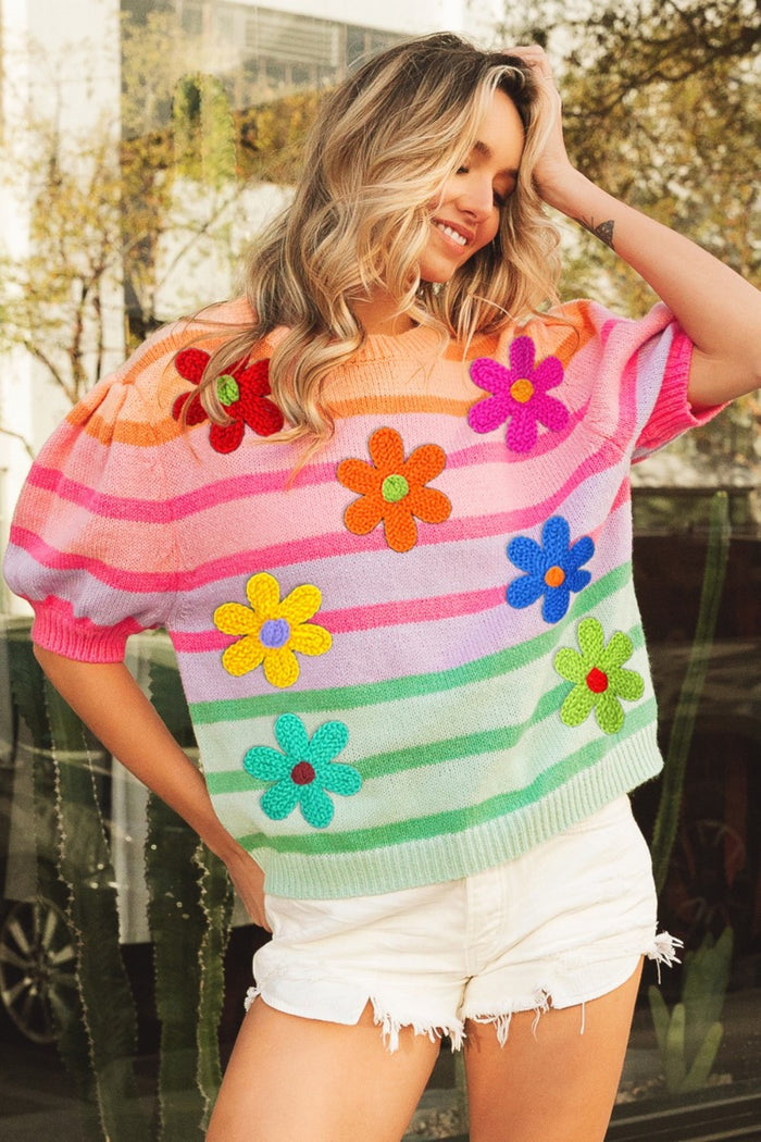 Hazel Blues® |  BiBi Flower Patch Puff Sleeve Striped Sweater