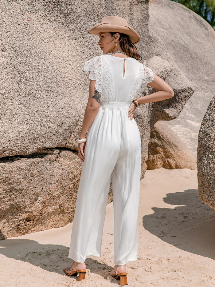 Hazel Blues® |  Lace Detail Plunge Cap Sleeve Jumpsuit