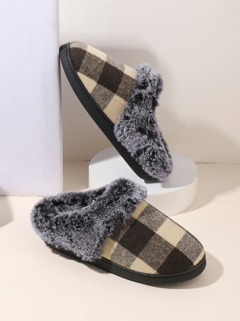 Hazel Blues® |  Plaid Furry Round Toe Flat Slippers