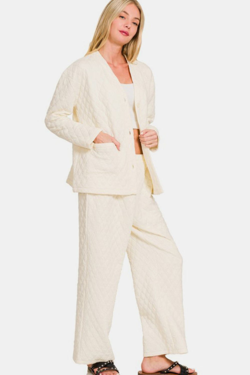 Hazel Blues® |  Zenana Quilted Button Up Long Sleeve Top and Pants Lounge Set