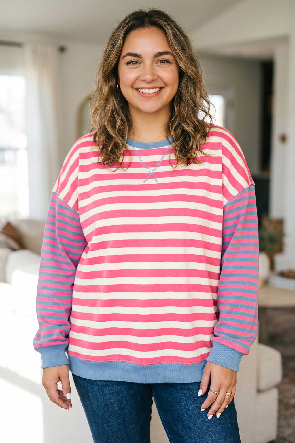 Isla Lark Pink Striped Color-Block Sweatshirt