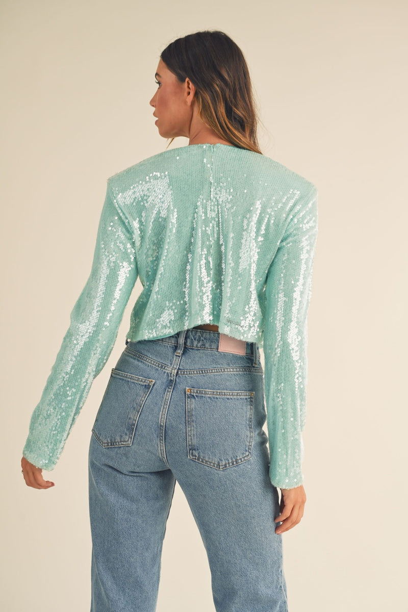 Hazel Blues® |  MABLE Shoulder Padded Sequin Crop Top