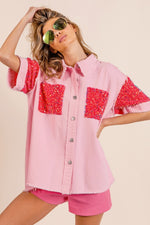 Hazel Blues® |  BiBi Sequin Detail Raw Hem Short Sleeve Shirt