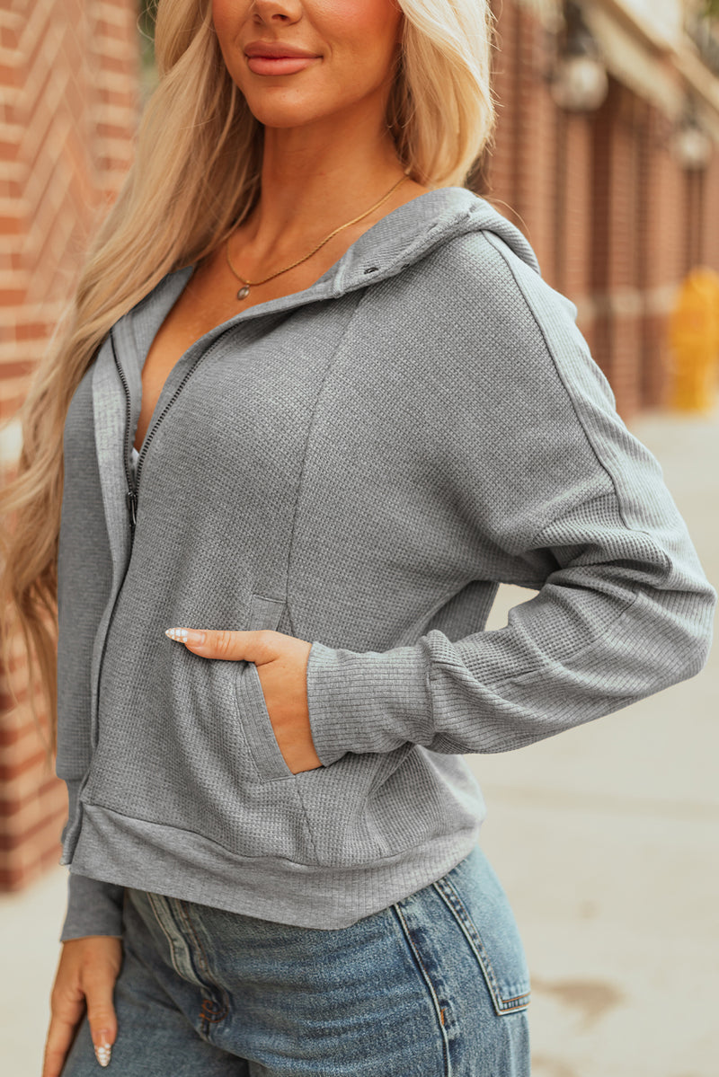 Hazel Blues® |  Gray Waffle Splicing Zip Up Front Button Hooded Jacket
