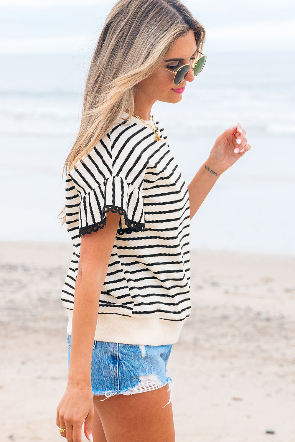 Lace & Grace Blouse | Lace Detail Ruffle Striped Blouse