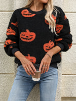 Hazel Blues® |  Fuzzy Pumpkin Round Neck Dropped Shoulder Sweater