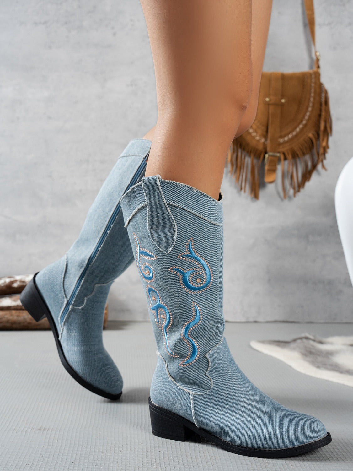 Hazel Blues® |  Embroidered Point Toe Block Heel Boots