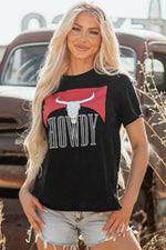 Hazel Blues® |  Black Western HOWDY Steer Head Print Side Slits Loose Fit T Shirt