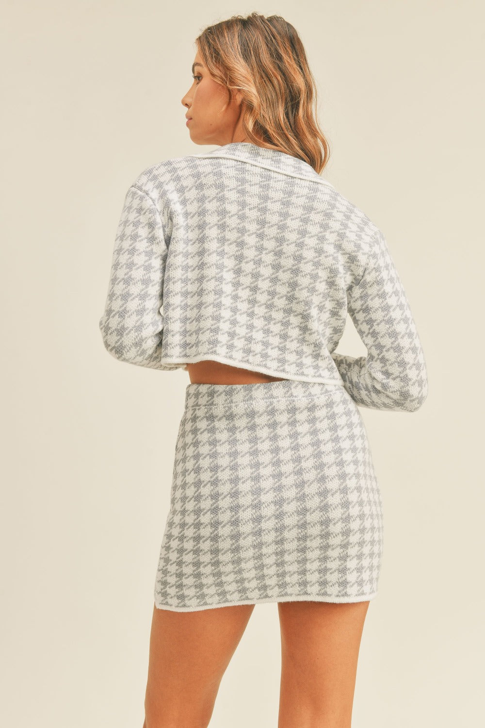 Hazel Blues® |  MABLE Houndstooth Cropped Knit Cardigan and Mini Skirt Set