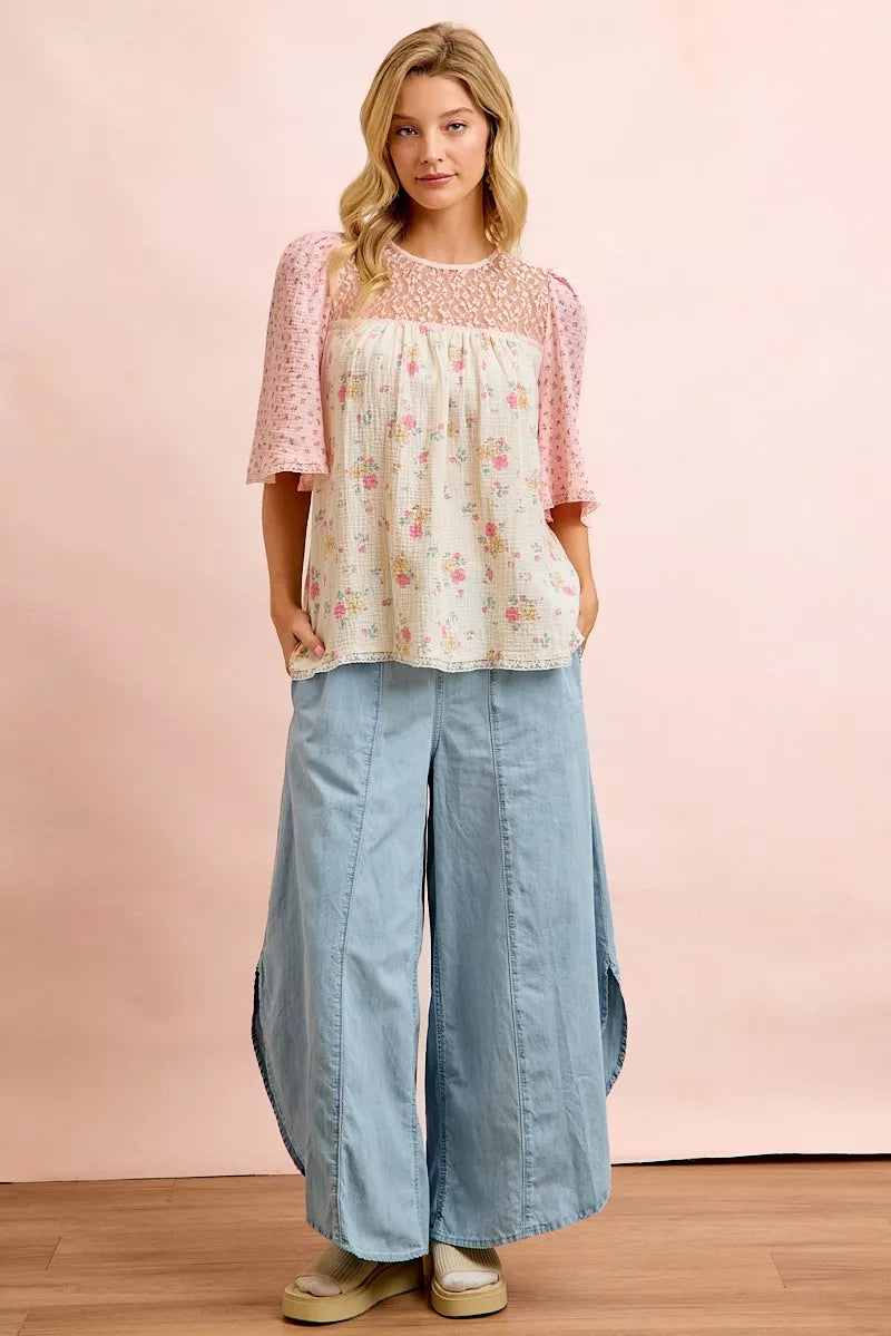 Bibi Crinkle Floral Gauze Mix And Matched Blouse Top | Floral
