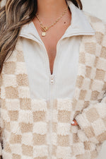 Hazel Blues® |  Khaki Checker Sherpa Corduroy Patchwork Zip up Collared Jacket