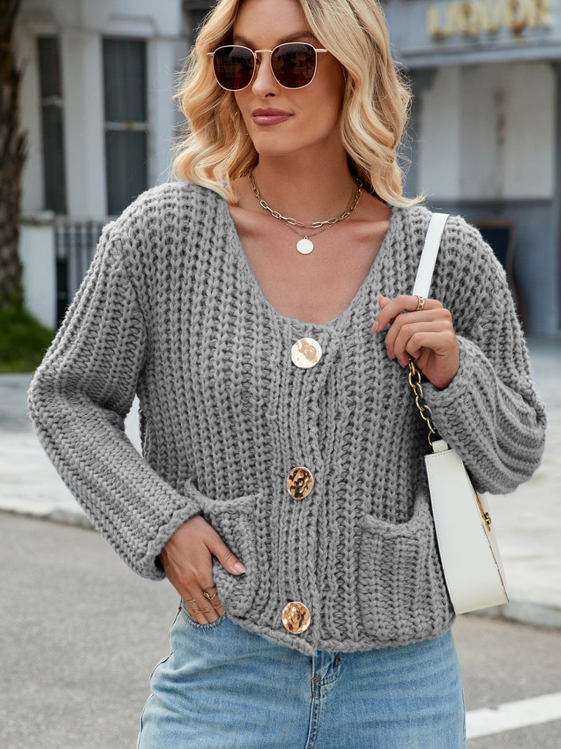 Hazel Blues® |  Round Neck Button Up Cardigan with Pockets