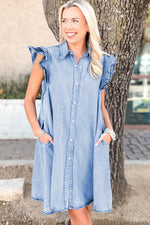 Hazel Blues® |  Beau Blue Double Ruffled Sleeves Buttoned A-line Collared Mini Denim Dress