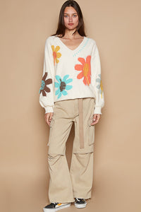 Hazel Blues® |  POL V-Neck Long Sleeve Flower Fringe Sweater