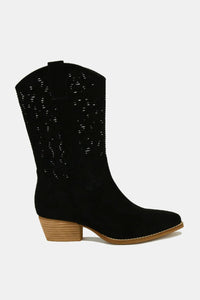 Hazel Blues® |  Beast Fashion Faux Suede Laser Cut Detail Block Heel Boots