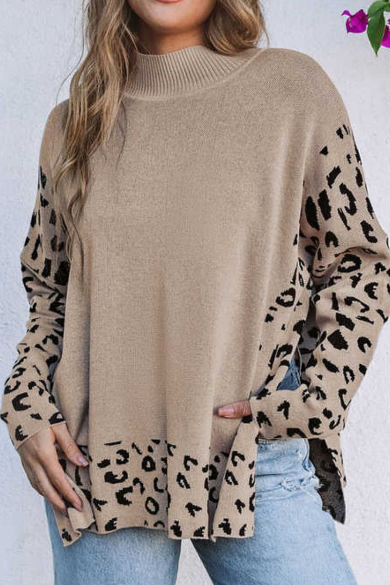 Hazel Blues® |  Slit Leopard Mock Neck Dropped Shoulder Sweater