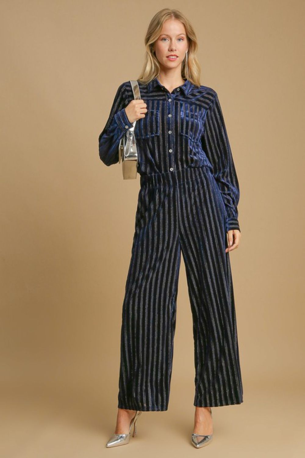 Hazel Blues® |  Umgee Elastic Waist Striped Wide Leg Velvet Pants