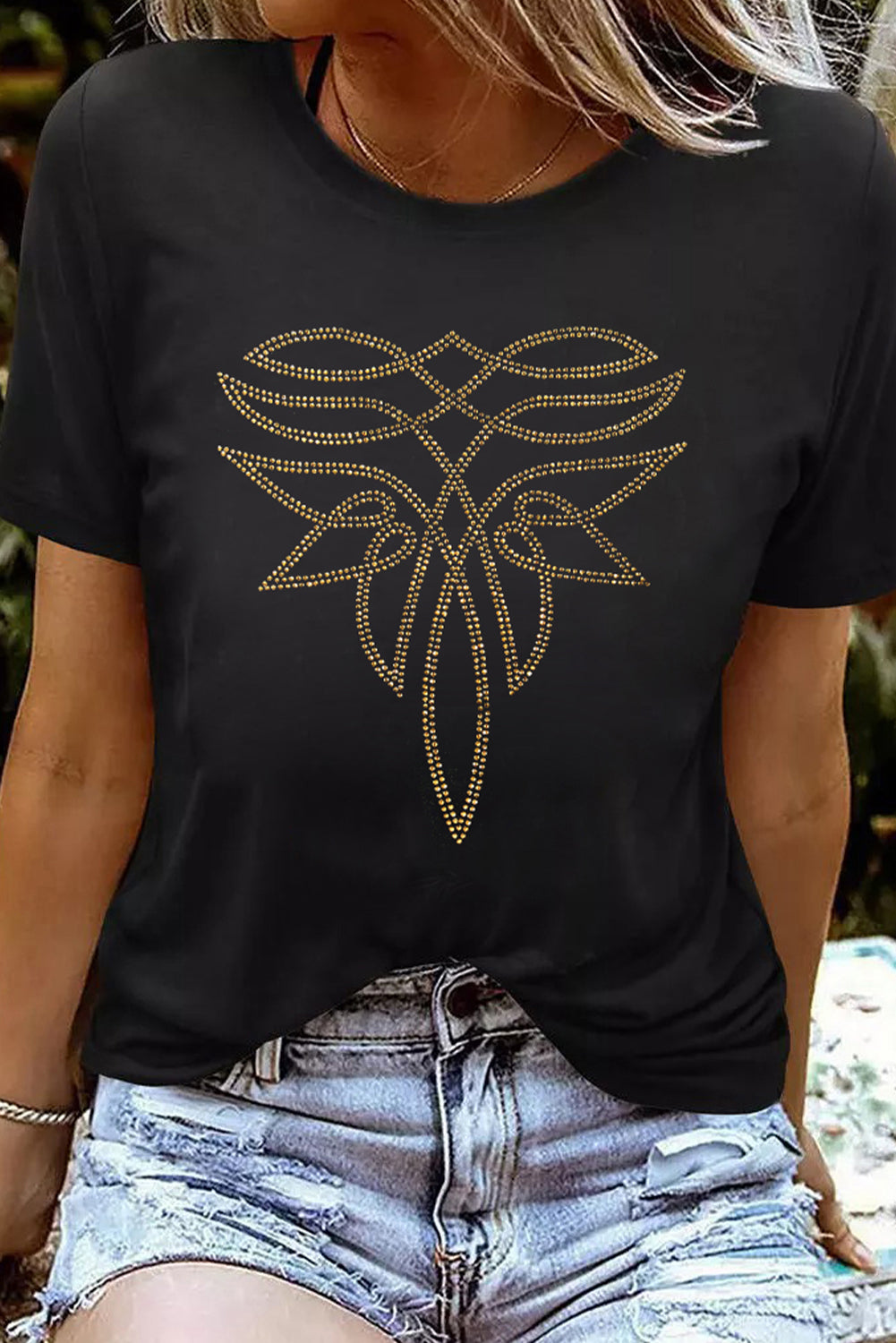 Hazel Blues® |  Black Rhinestone Western Pattern Cotton Blend Graphic T Shirt