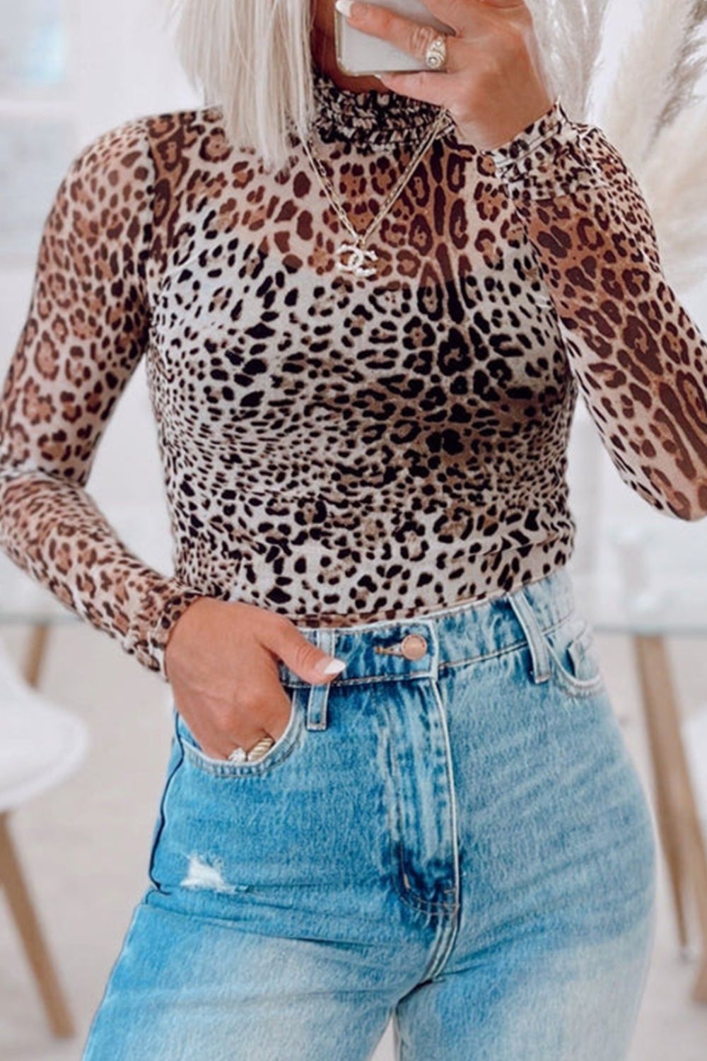 Hazel Blues® |  Turtleneck Leopard Long Sleeve Bodysuit